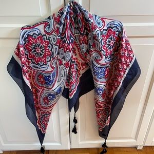 Lucky brand red, white and blue silk scarf with tassels.